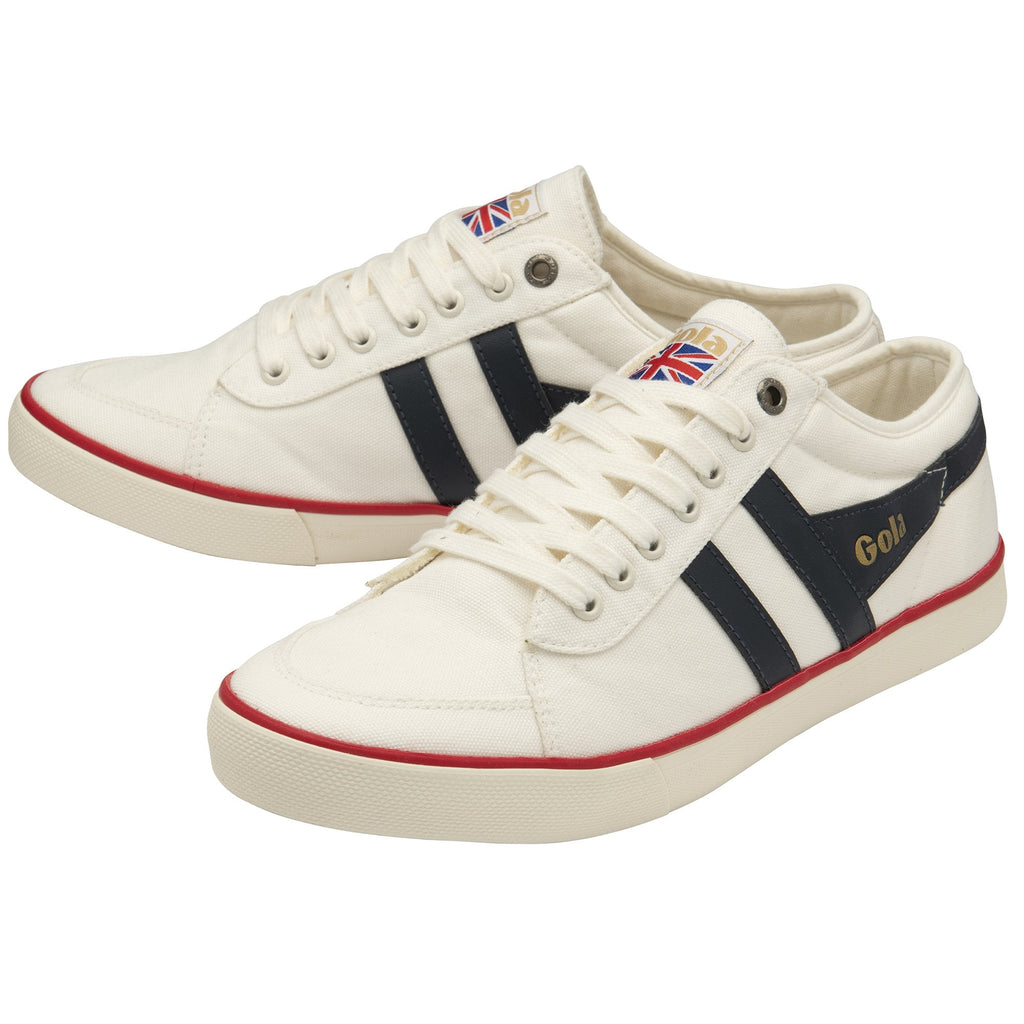Pair of Gola men's sneakers in white with navy stripes and a red trim.