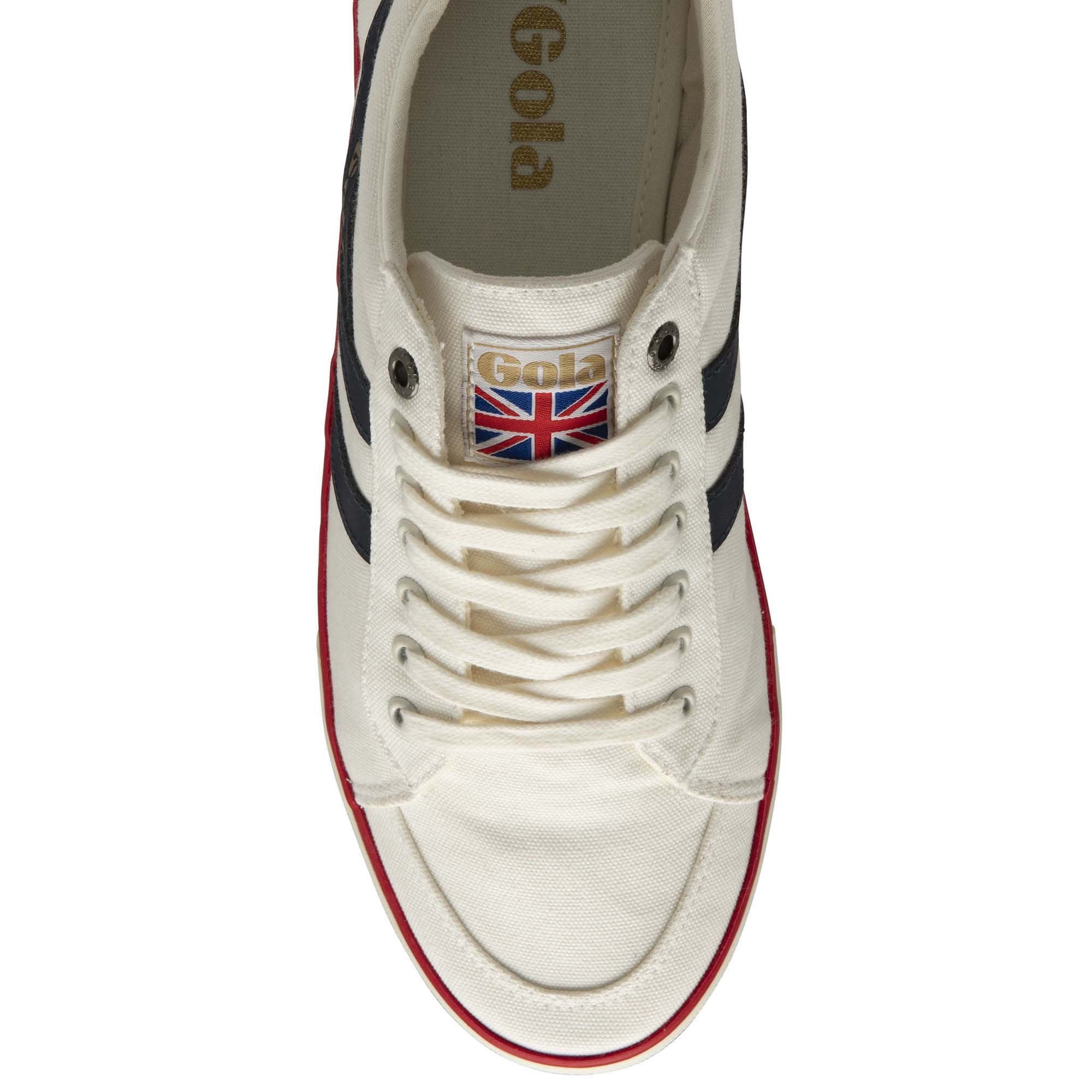 Overhead view of a Gola men's sneaker in white with navy stripes and a red trim.