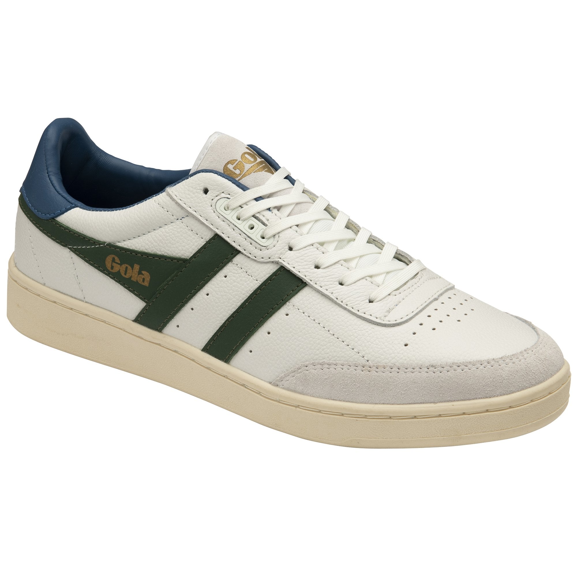 Angled view of a white Gola sneaker with green stripes and blue accents.