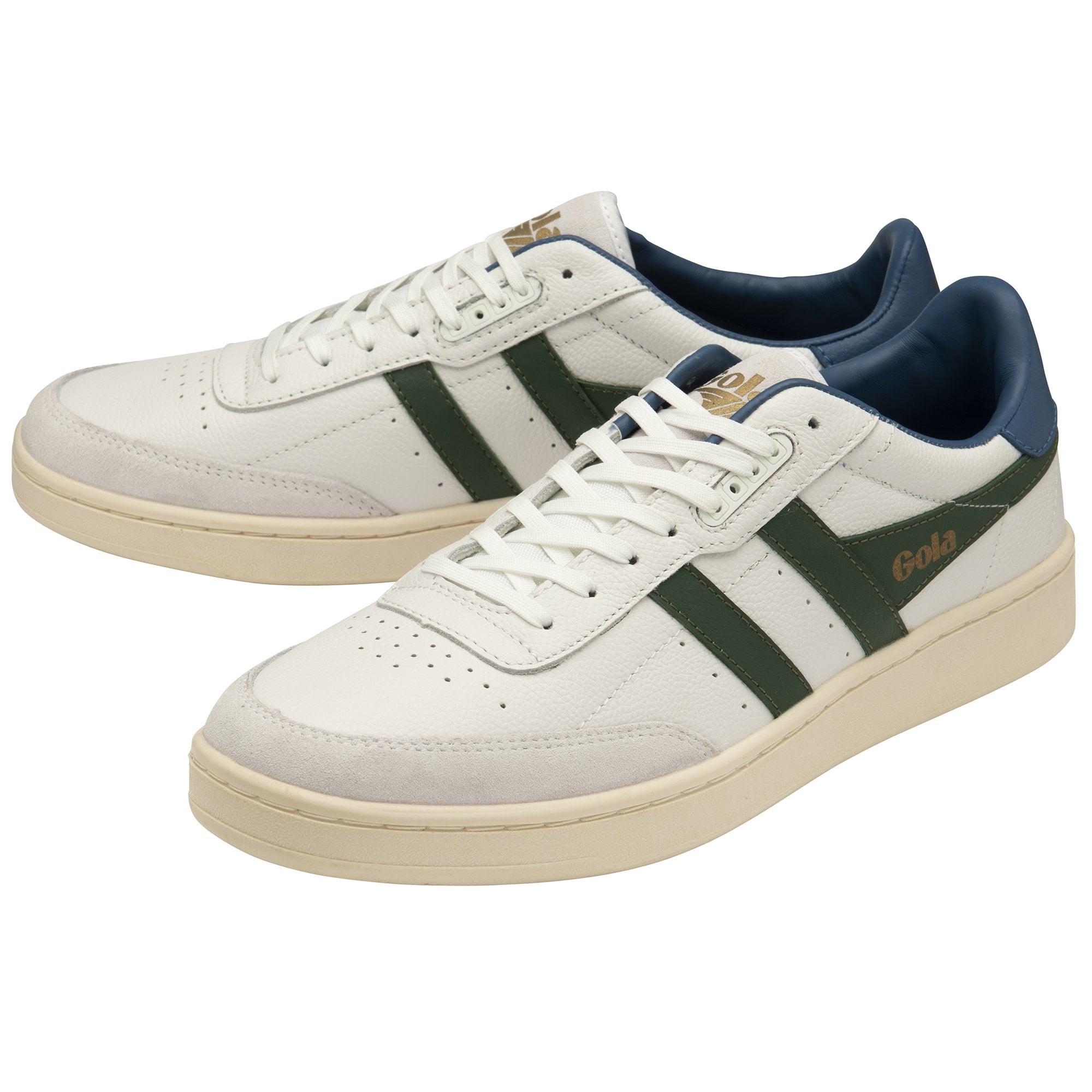 Pair of white Gola sneakers with green stripes and blue accents.