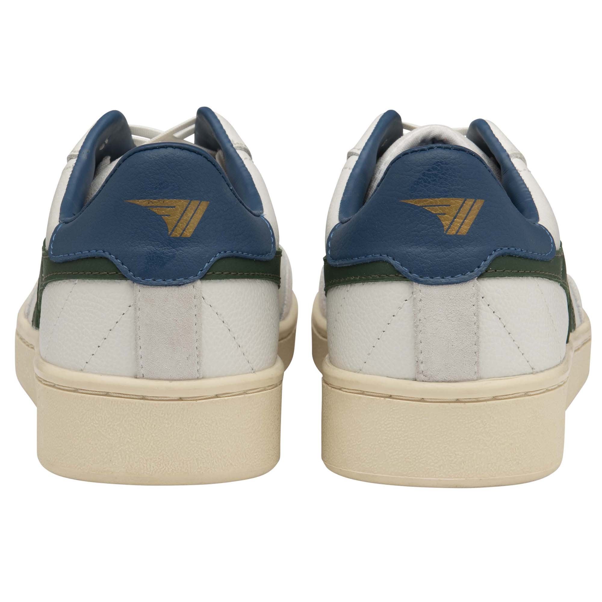 Rear view of a pair of white Gola sneakers with blue heels.