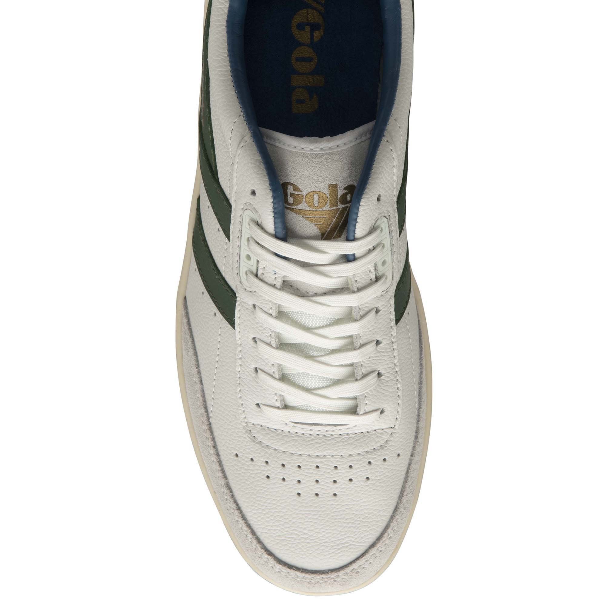 Top-down view of a white Gola sneaker with green stripes and blue accents.