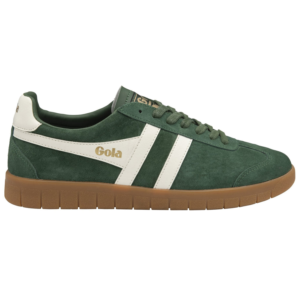 A single Gola low-top sneaker in dark green suede with white stripes and a tan sole.