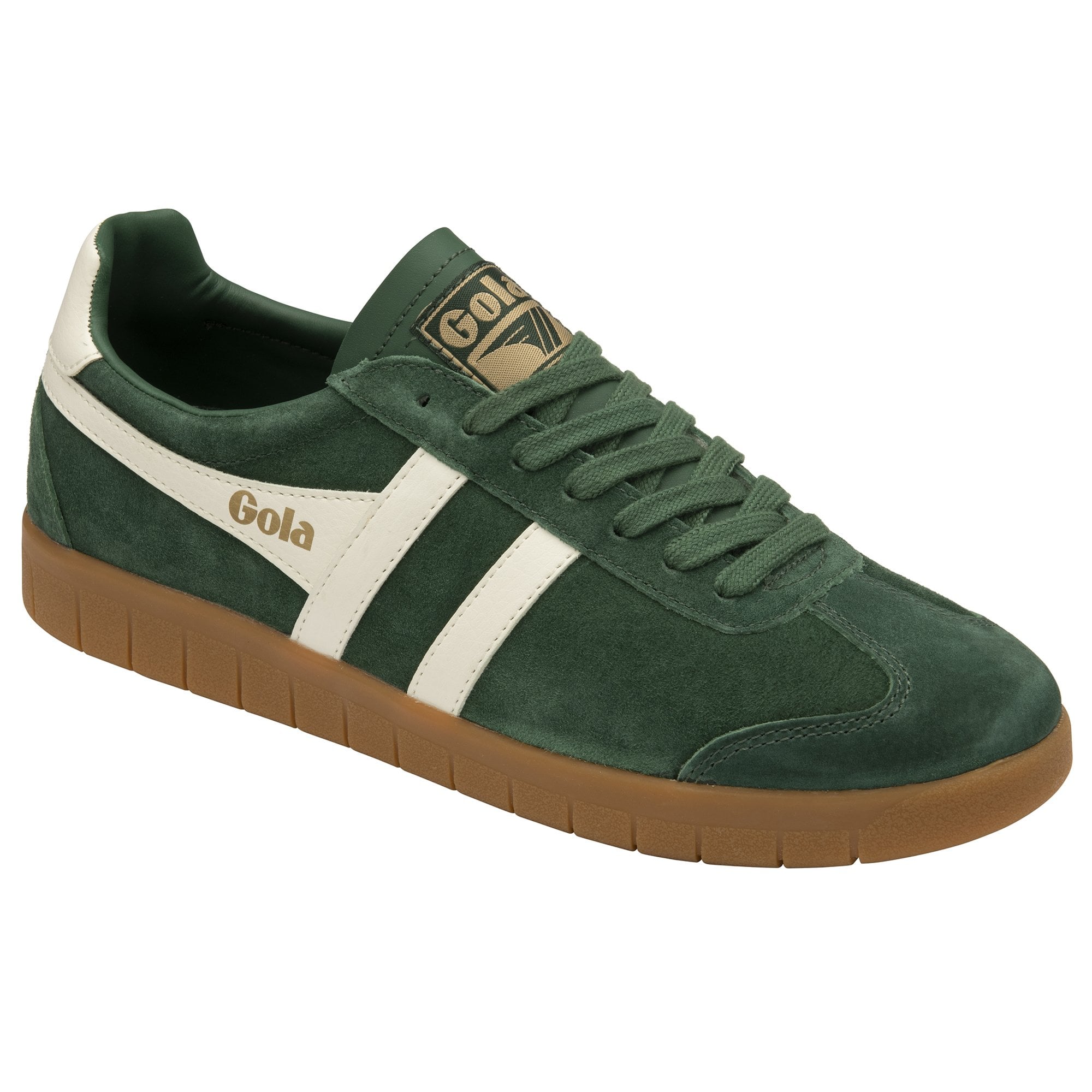 A single dark green Gola low-top sneaker with white side stripes and a tan gum sole.