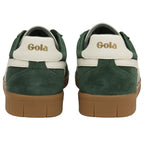 The back view of a pair of dark green Gola low-top sneakers with a tan gum sole.