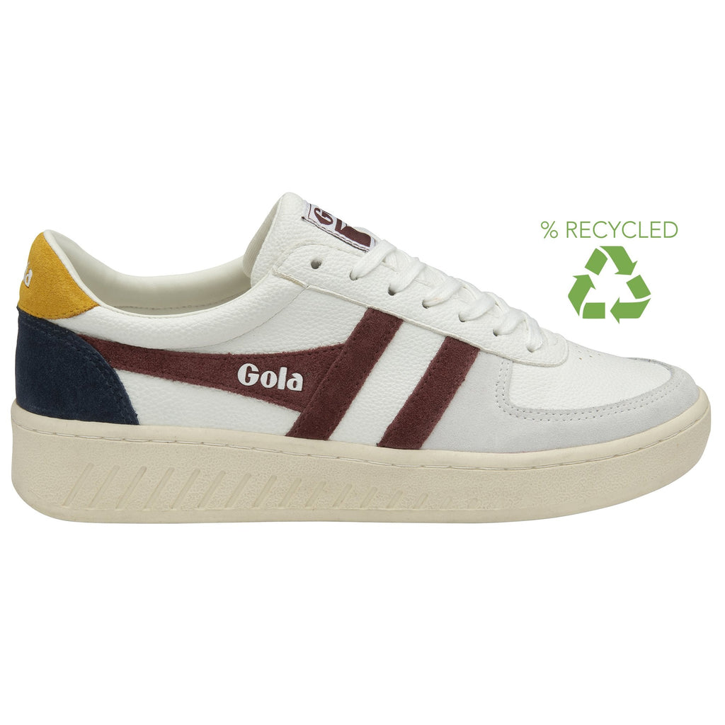 Side view of a Gola men's sneaker in white, gold, navy, and burgundy with a recycled logo.