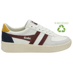 Side view of a Gola men's sneaker in white, gold, navy, and burgundy with a recycled logo.