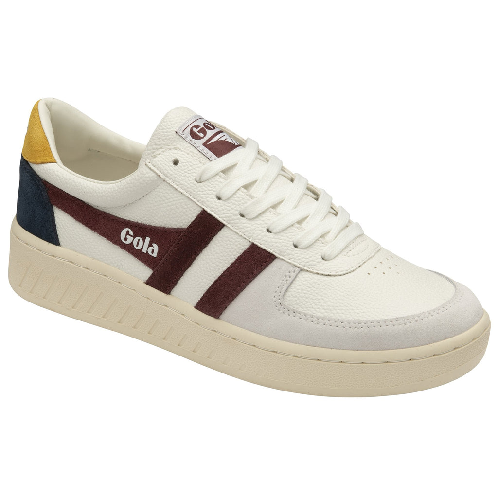 Angled view of a Gola men's sneaker in white, gold, navy, and burgundy.