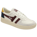 Angled view of a Gola men's sneaker in white, gold, navy, and burgundy.