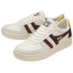 Pair of Gola men's sneakers in white, gold, navy, and burgundy, angled view.