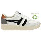A white Gola sneaker with black stripes and a tan heel tab, featuring a green recycled logo.