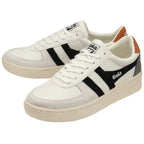 A pair of white Gola sneakers with black stripes and tan heel tabs, angled together.