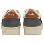The back view of two white Gola sneakers with tan heel tabs and gray accents.