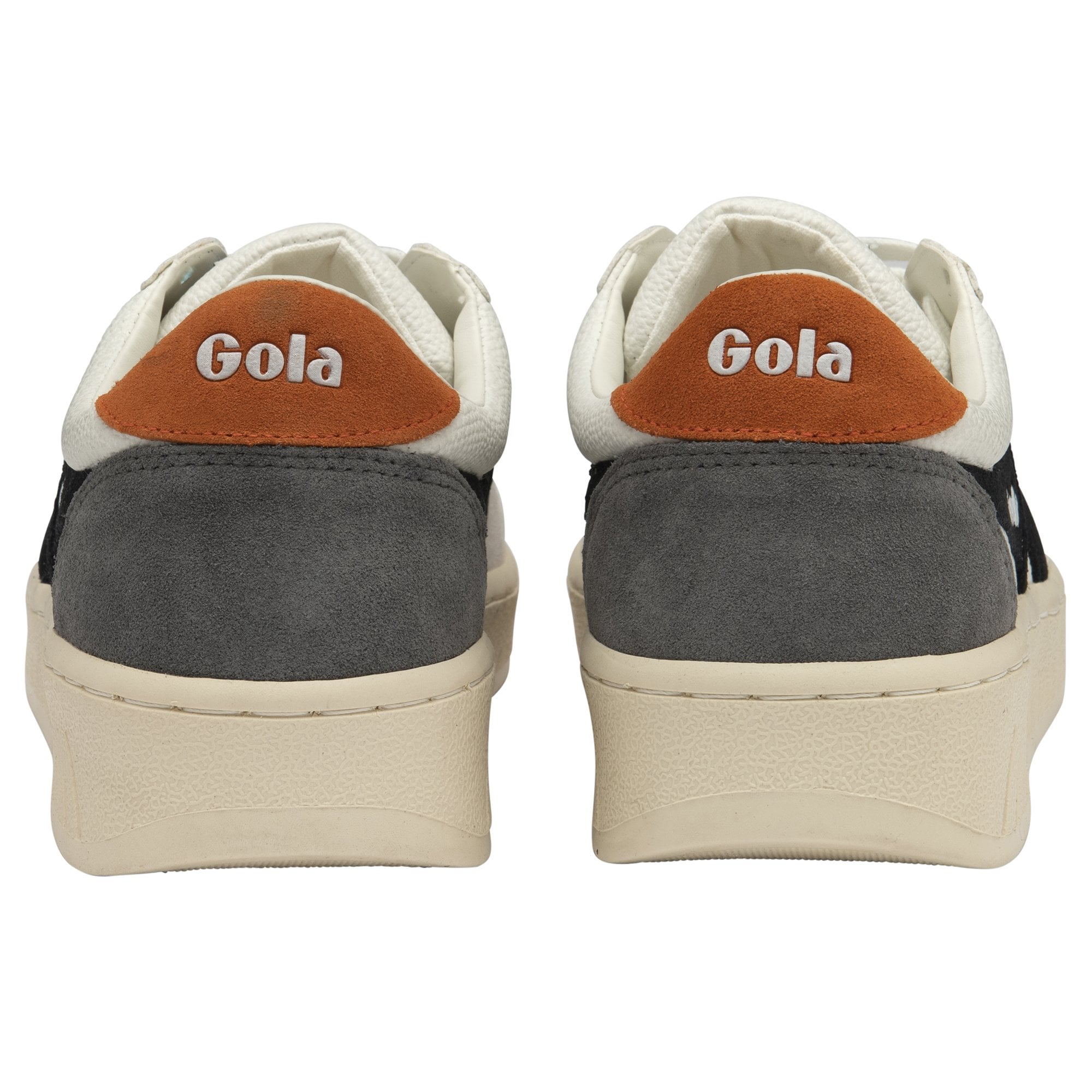 The back view of two white Gola sneakers with tan heel tabs and gray accents.