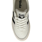 The top-down view of a white Gola sneaker with black stripes and white laces.