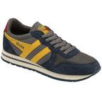 A single Gola Hurricane trainer in navy, grey, yellow, and red, slightly angled.