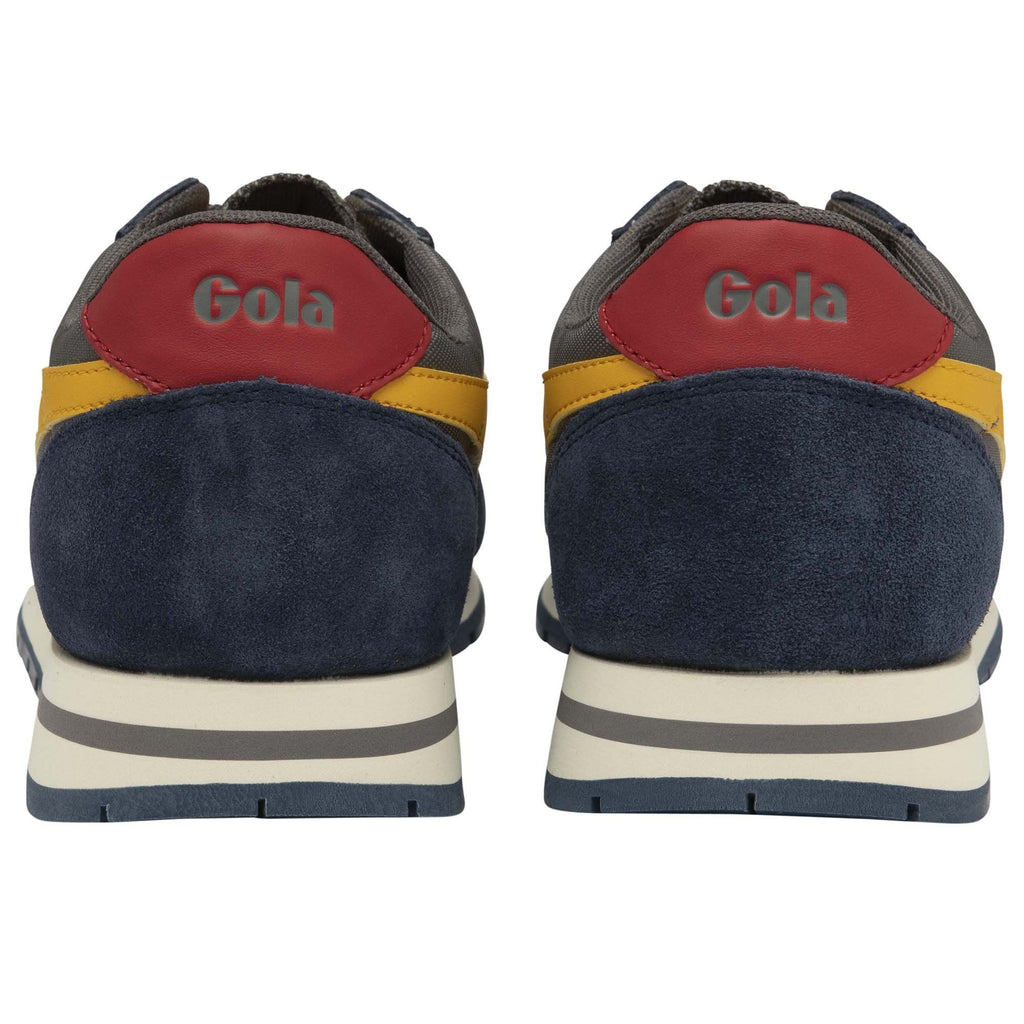 Rear view of a pair of Gola Hurricane trainers in navy, grey, yellow, and red.