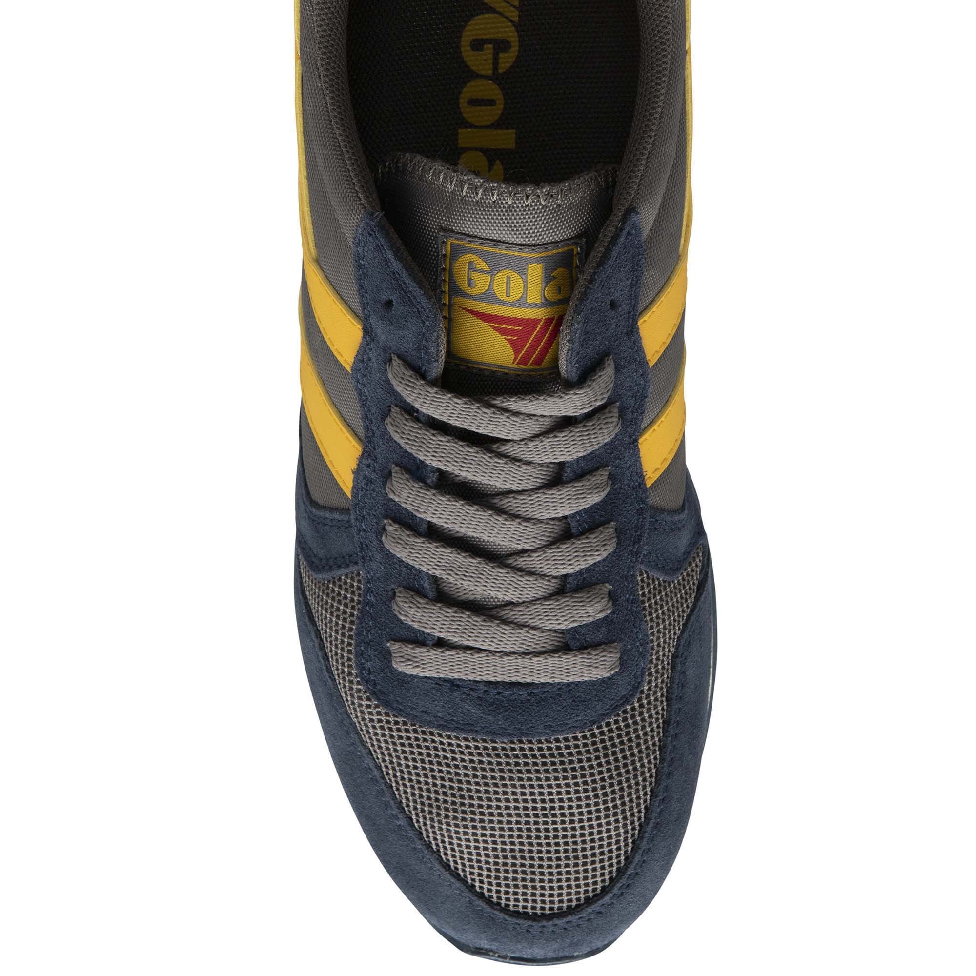 Top-down view of a single Gola Hurricane trainer in navy, grey, yellow, and red.