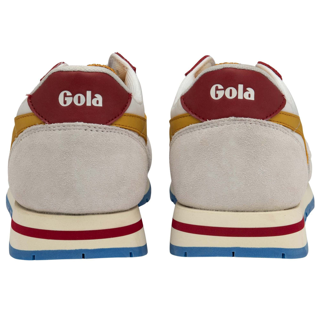The backs of two white, gold, and red Gola sneakers are shown against a white background.