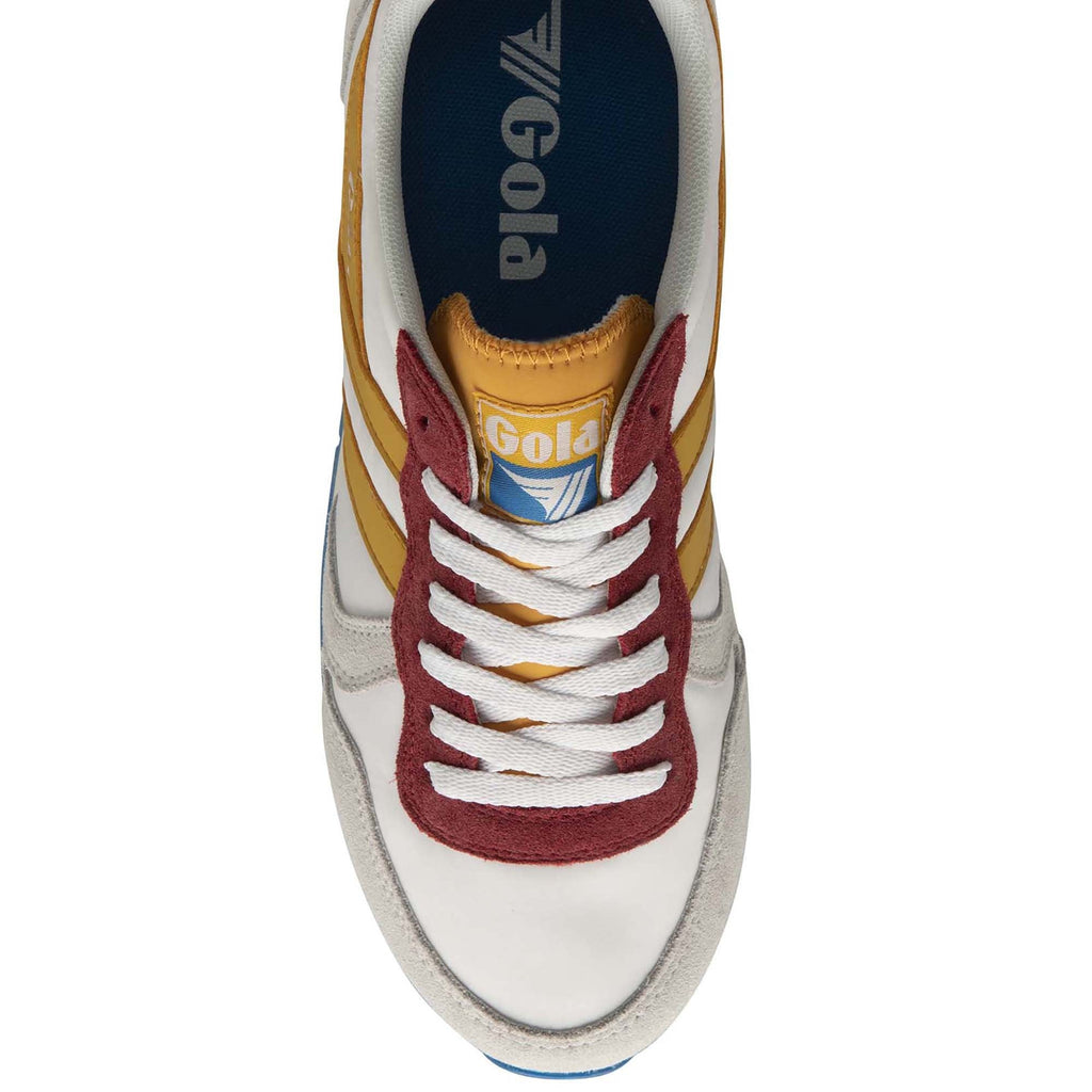 A white, gold, and red Gola sneaker is shown from a top-down angle against a white background.