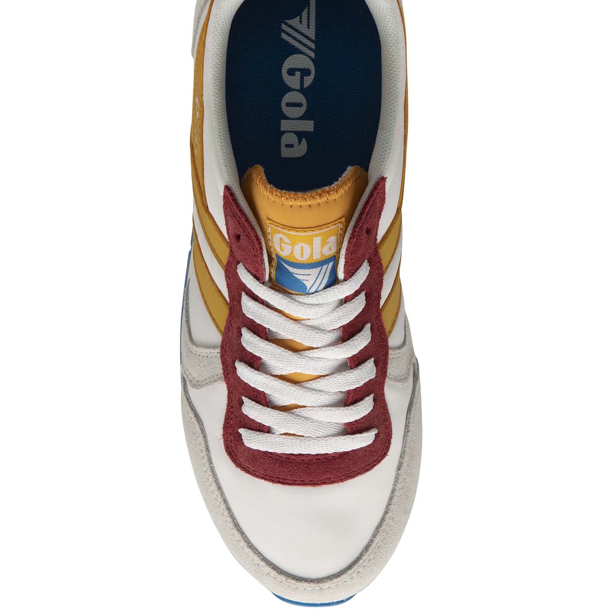 A white, gold, and red Gola sneaker is shown from a top-down angle against a white background.