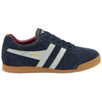 A single Gola Harrier trainer in navy blue suede with white stripes and a gum sole, side view.