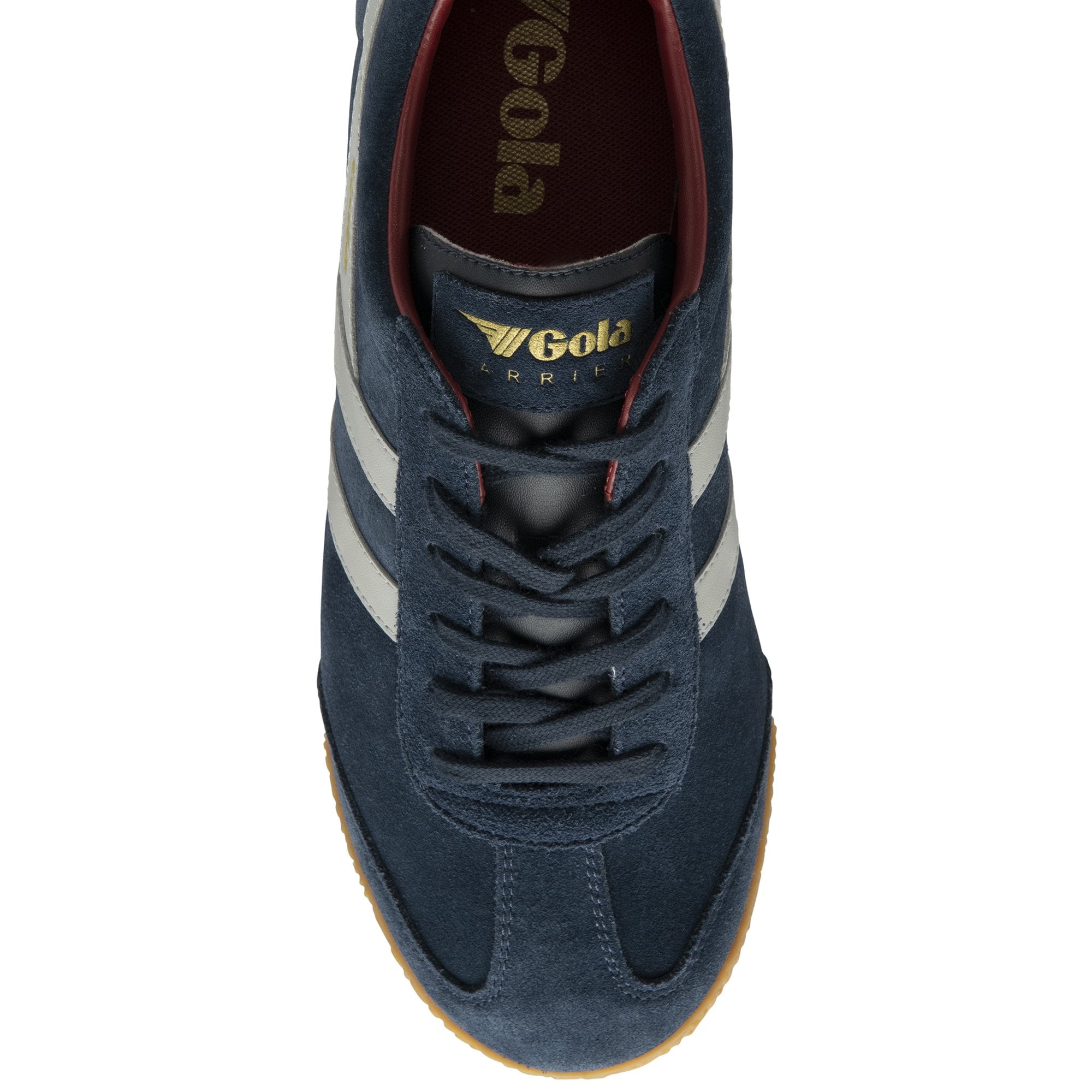 A single Gola Harrier trainer, top-down view, showing navy blue suede and white stripes.