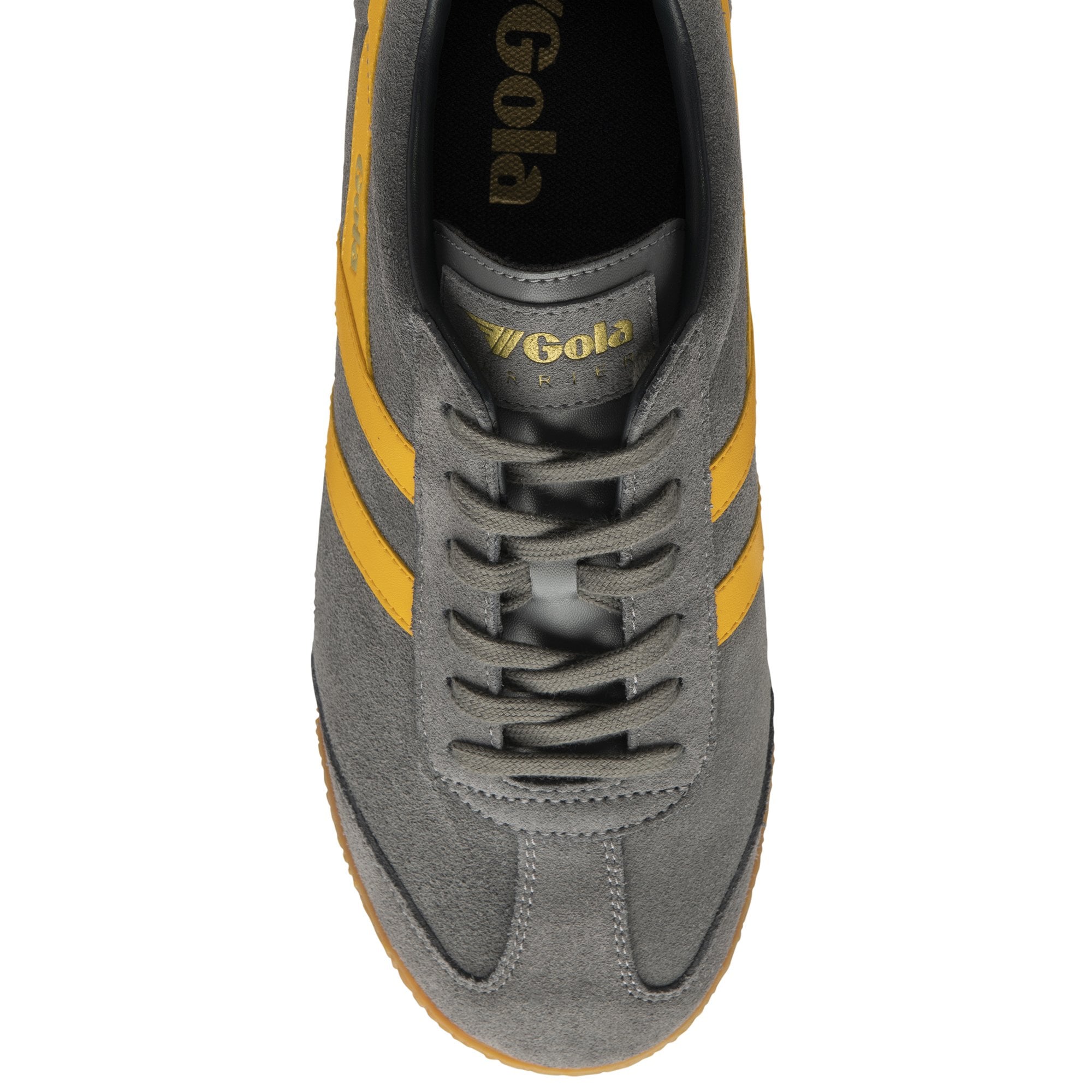 A top view of a pair of grey Gola Harrier shoes with yellow stripes.