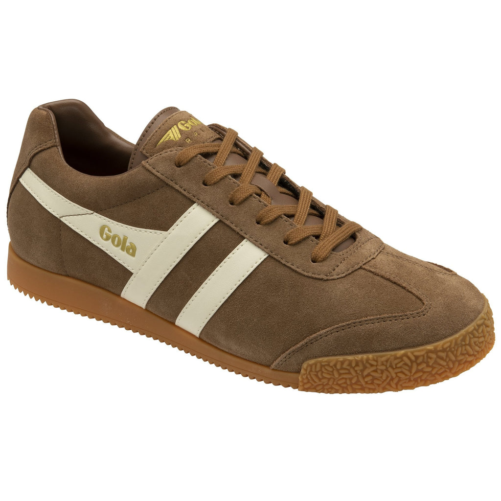 Brown Gola Harrier suede trainers with white stripes and brown laces.