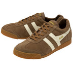 Pair of brown Gola Harrier suede trainers with white stripes and brown laces.