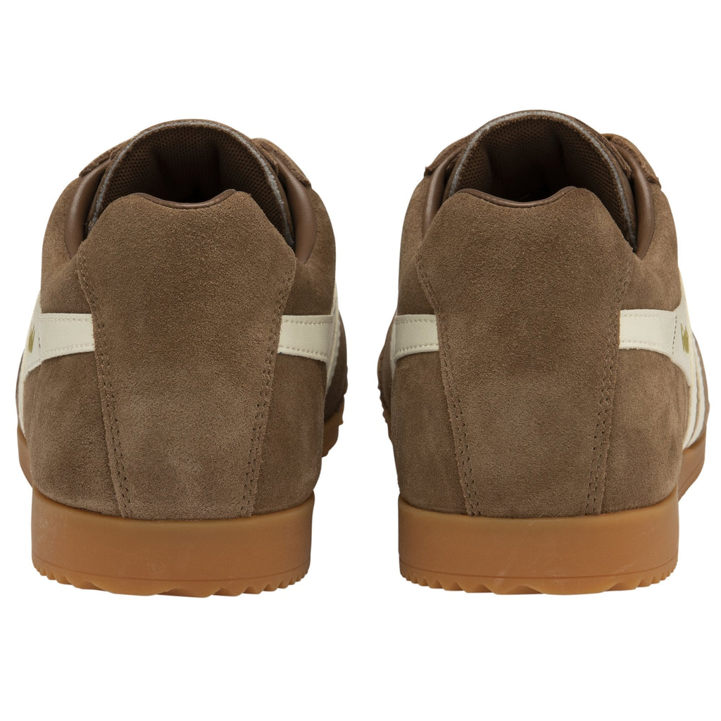 Back view of brown Gola Harrier suede trainers with white stripe detail.