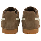 Back view of brown Gola Harrier suede trainers with white stripe detail.