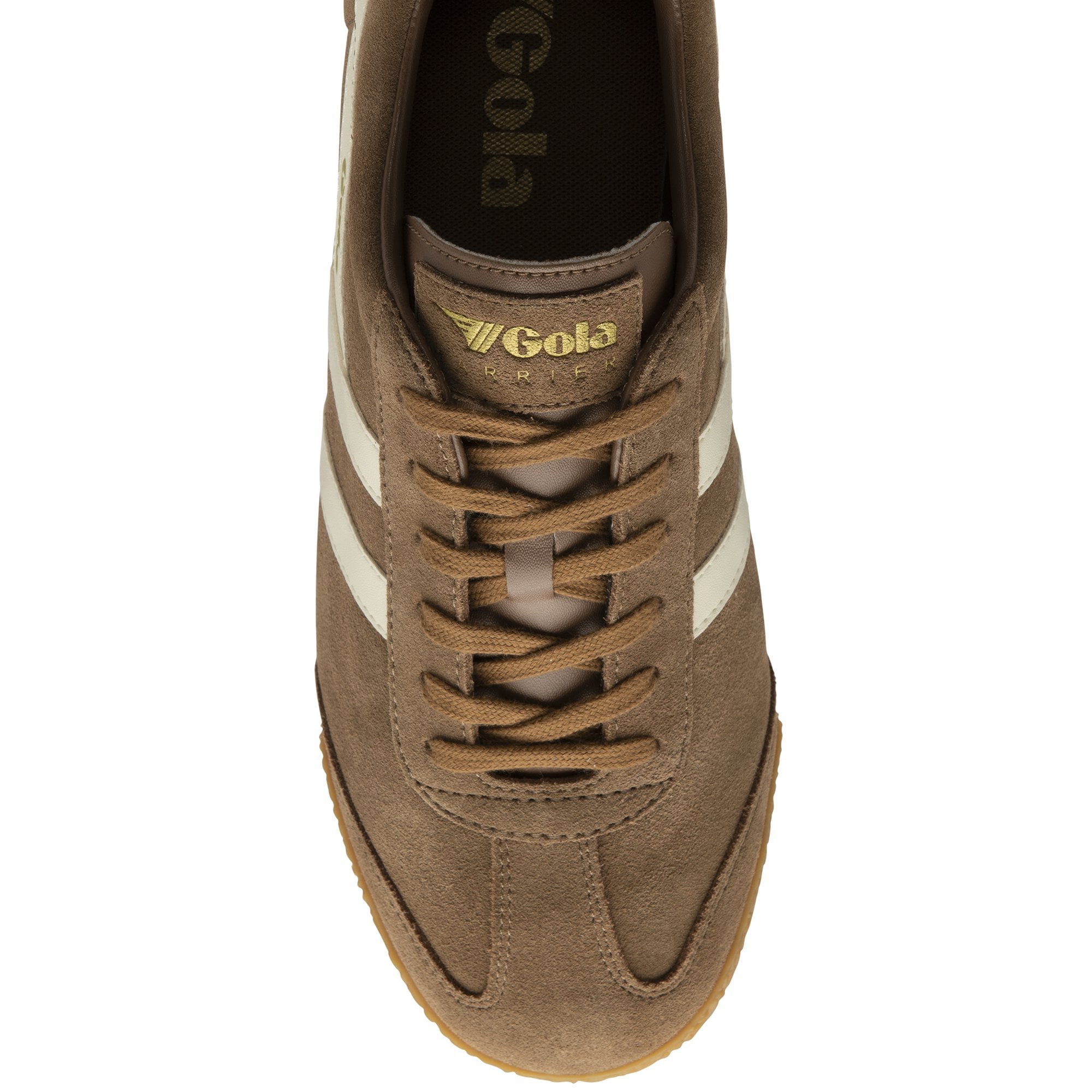 Top-down view of a brown Gola Harrier suede trainer with white stripes.