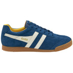 Blue suede Gola sneakers with white stripes and a gum sole on a white background, side view.
