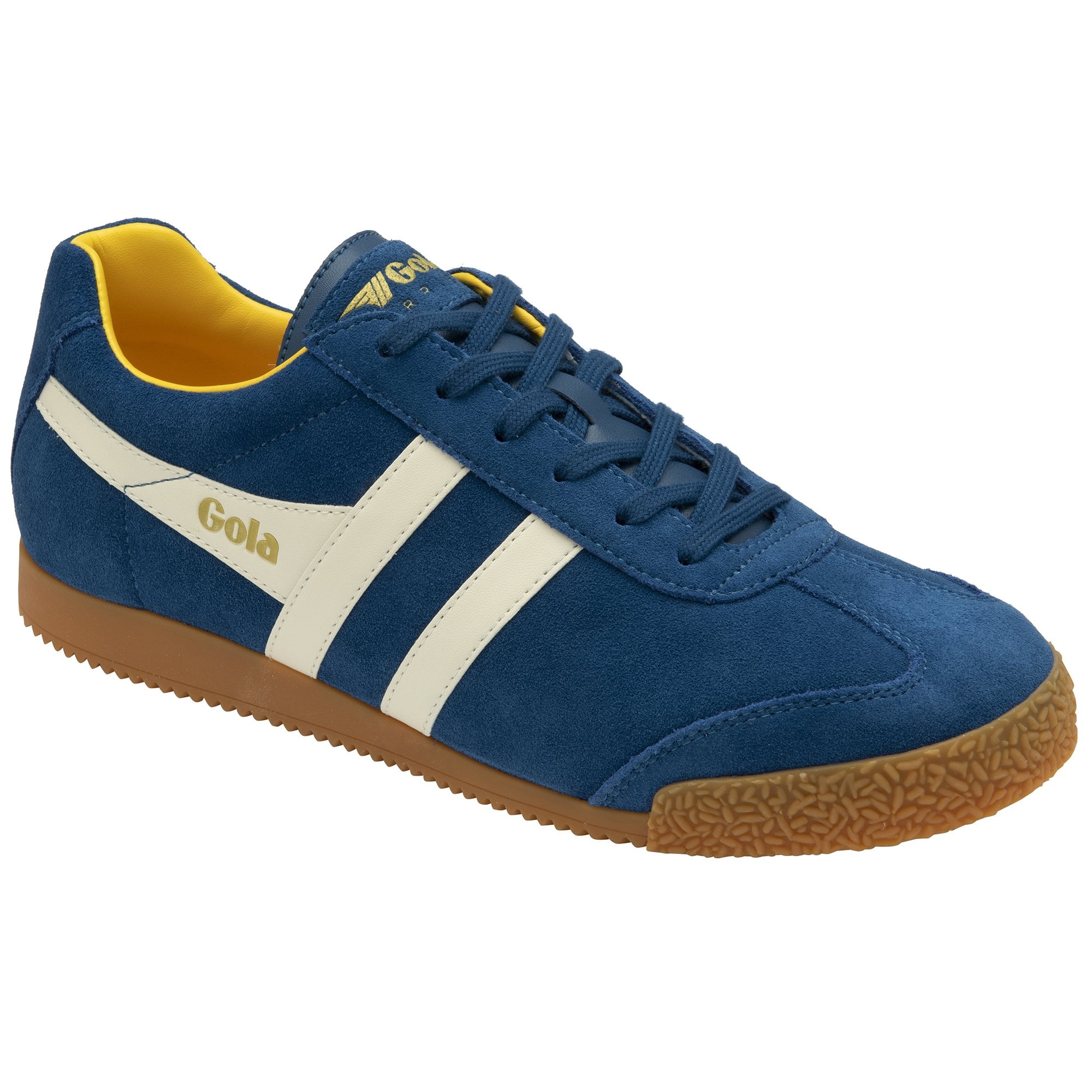 Blue suede Gola sneakers with white stripes and a gum sole on a white background, angle view.