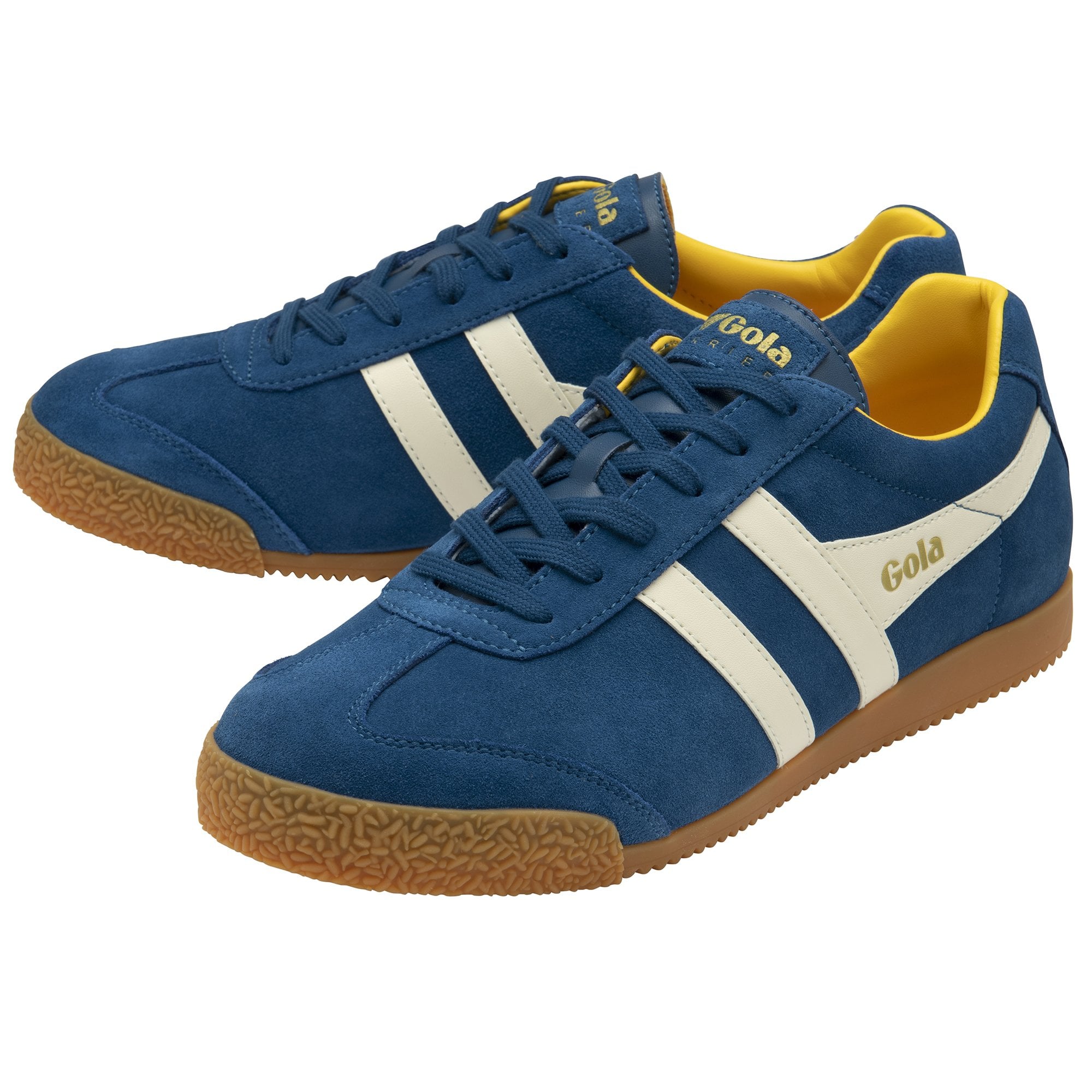 Pair of blue suede Gola sneakers with white stripes and gum soles on a white background.