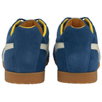 Back view of two blue suede Gola sneakers with white heel stripes and gum soles.