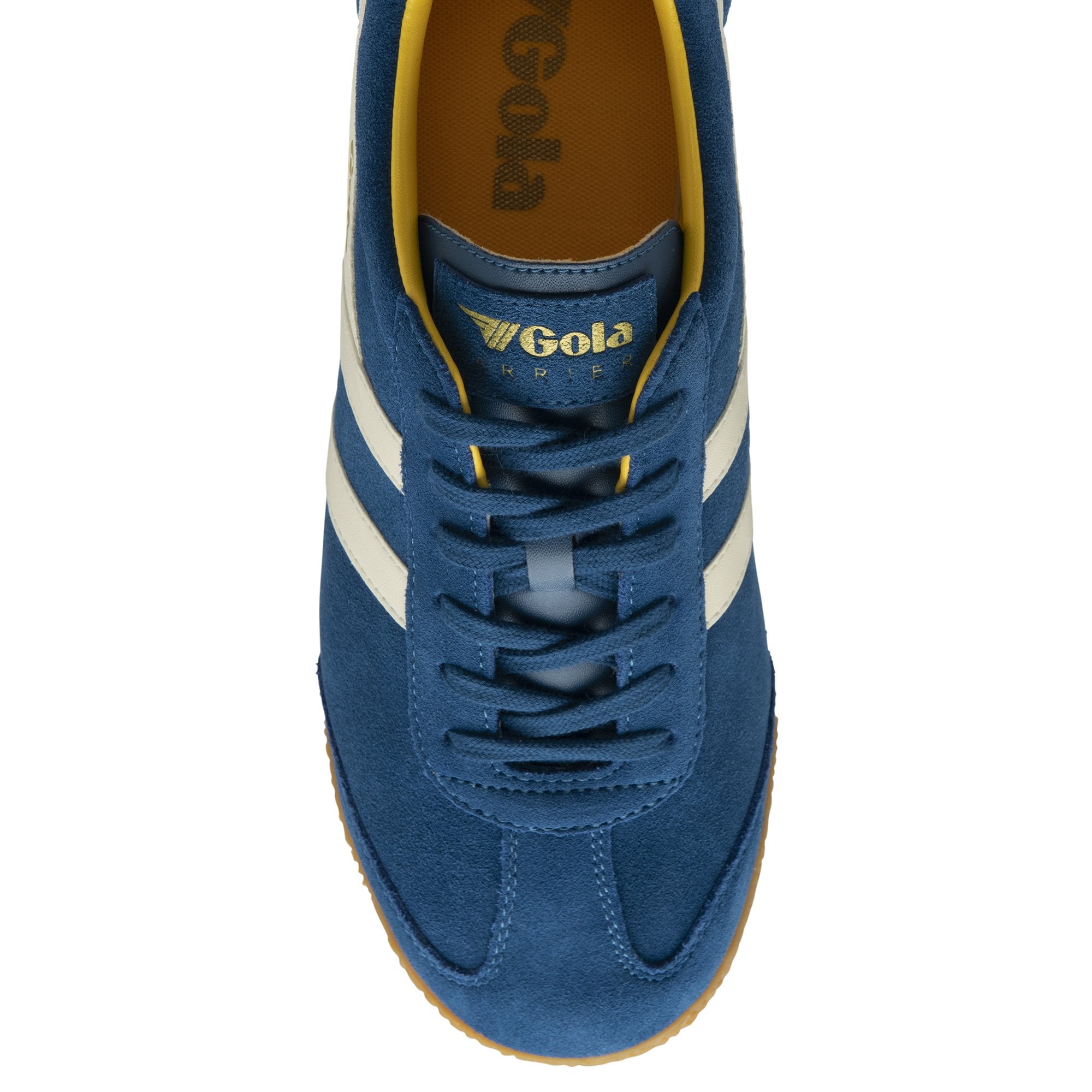 Top view of a blue suede Gola sneaker with white stripes and yellow interior.