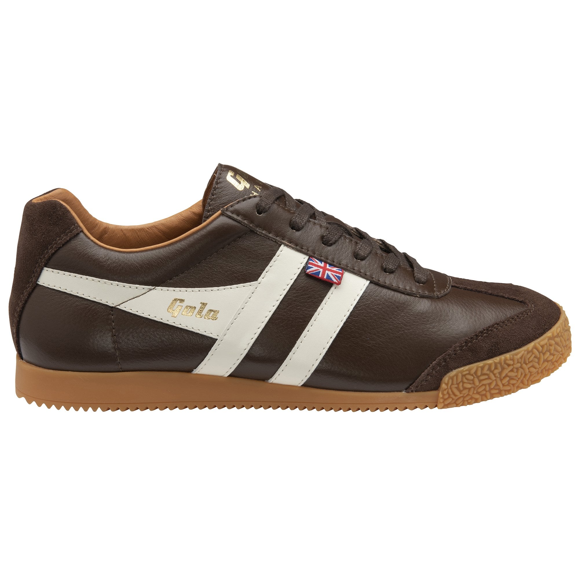 Brown leather Gola Harrier sneaker with white stripes and a Union Jack flag on the side.