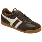 Brown leather Gola Harrier sneaker, angled view showing the white stripes and Union Jack.