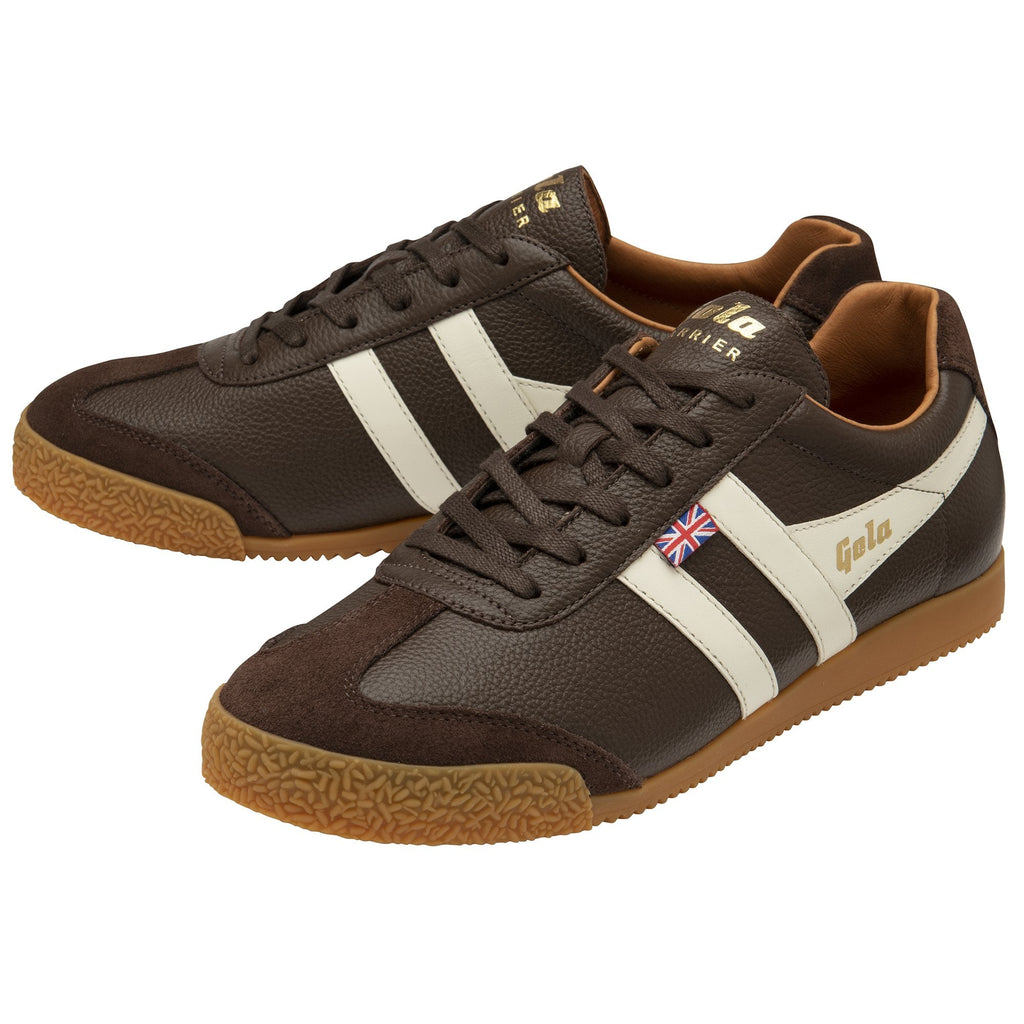 Pair of brown leather Gola Harrier sneakers with white stripes and Union Jack flags.