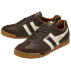 Pair of brown leather Gola Harrier sneakers with white stripes and Union Jack flags.