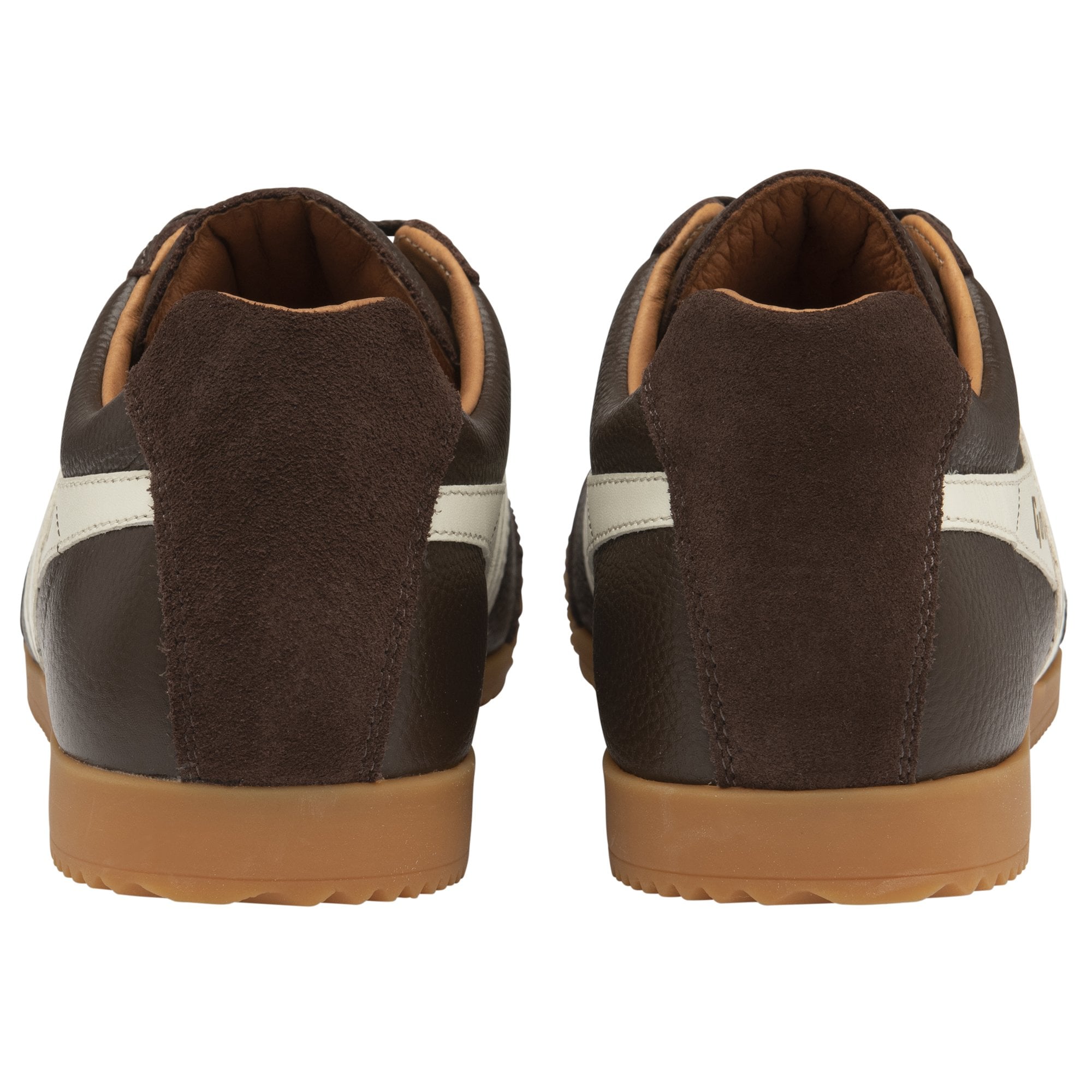 Back view of a pair of brown Gola Harrier sneakers with white stripes.