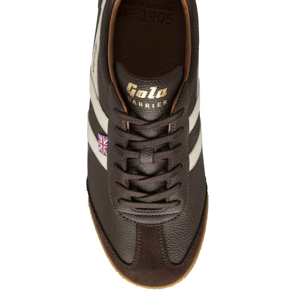 Top-down view of a brown Gola Harrier sneaker with white stripes and Union Jack flag.