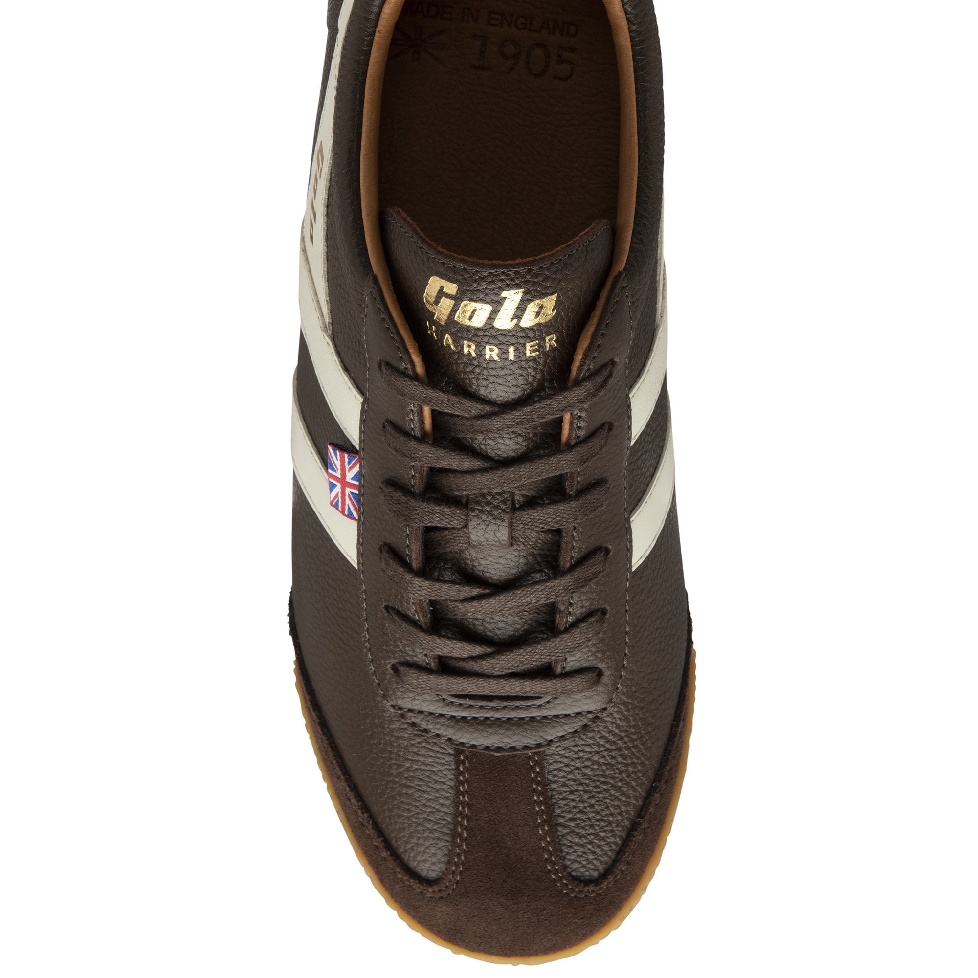 Top-down view of a brown Gola Harrier sneaker with white stripes and Union Jack flag.