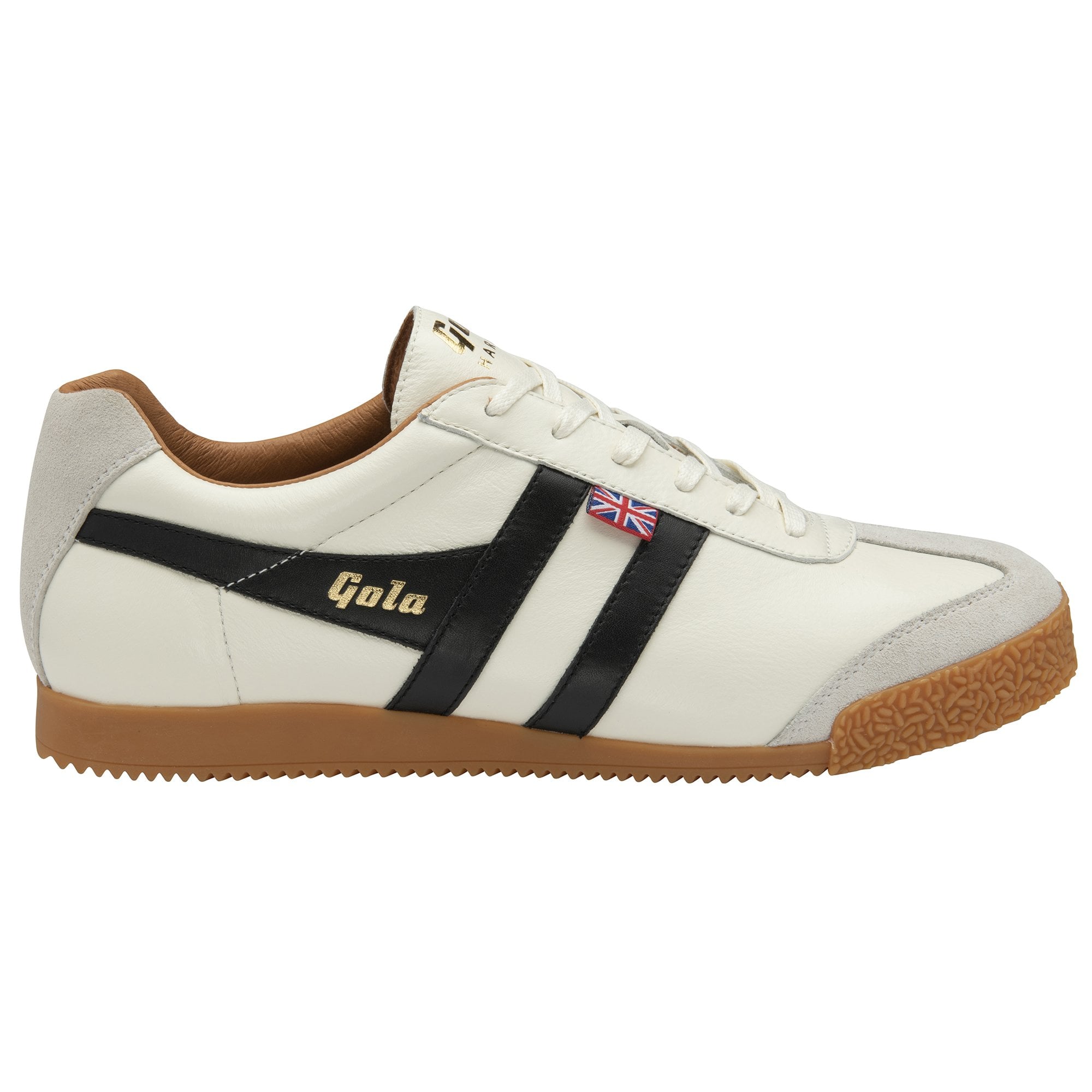 Side profile of the Gola Elan trainer in off-white with black stripe.
