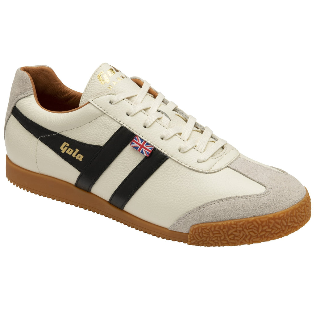 Angled side view of the Gola Elan trainer in off-white with black stripe.