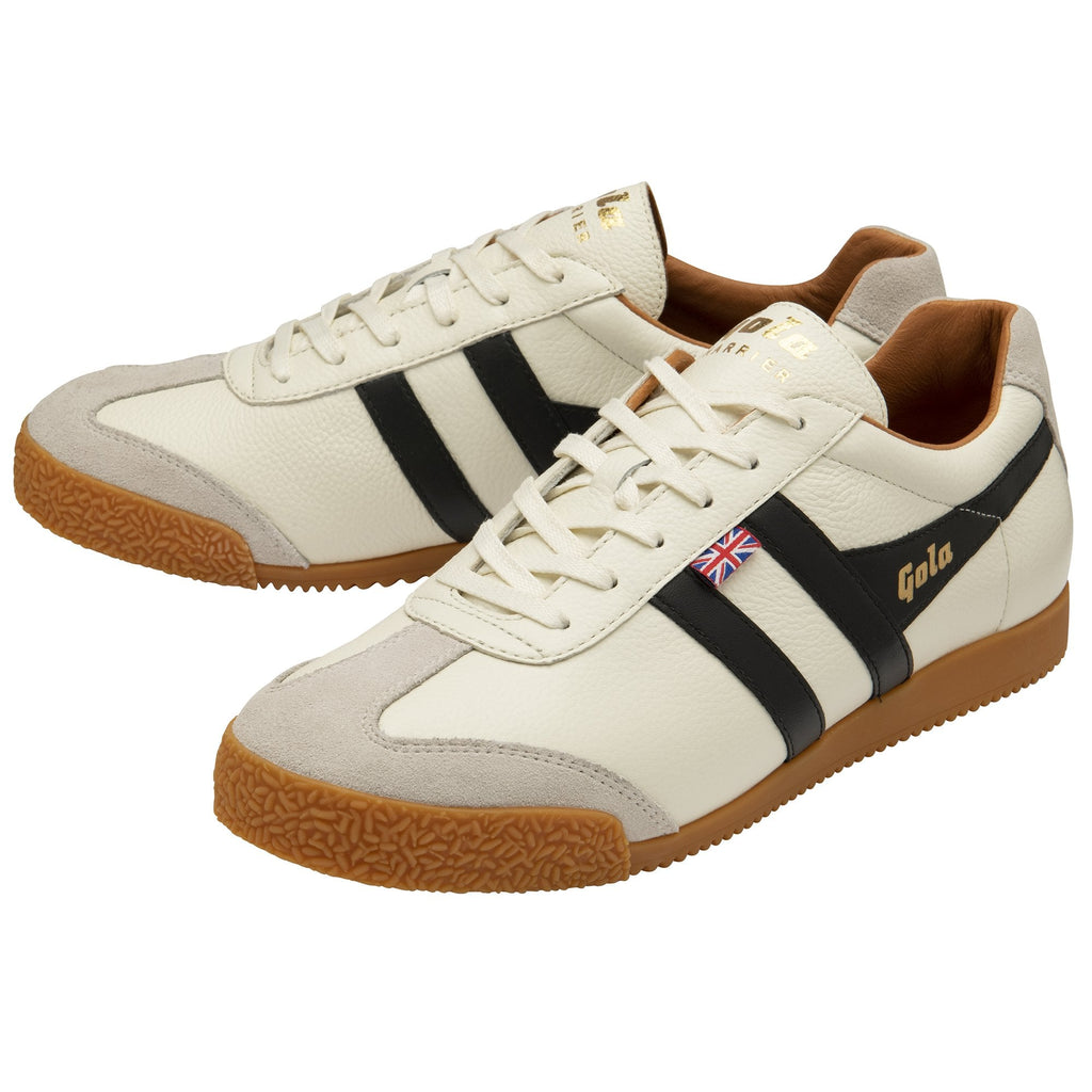 Pair of Gola Elan trainers in off-white with black stripe and red, white, and blue flag.