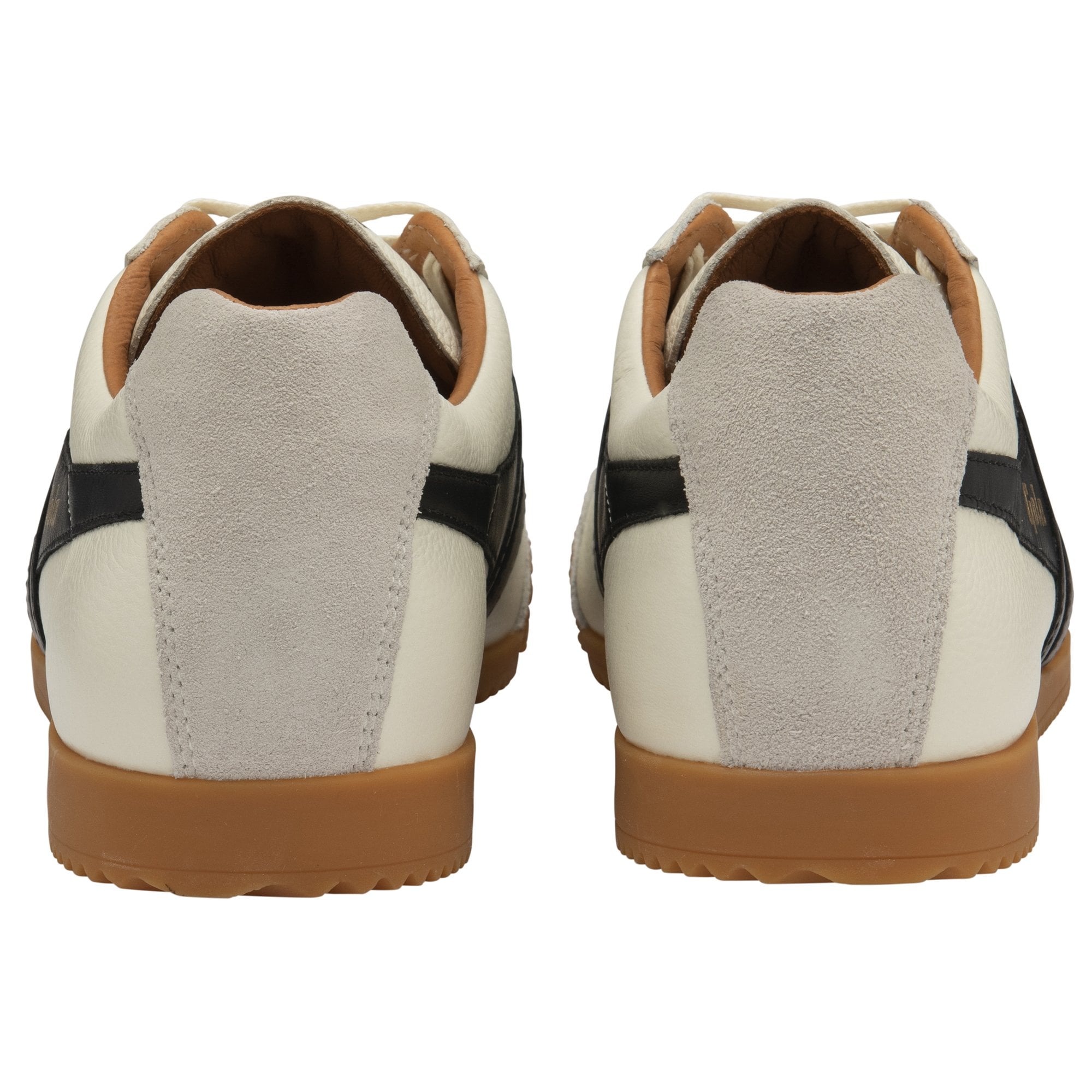 Rear view of the Gola Elan trainers in off-white with black stripe.