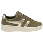 A single Gola women's Baseline Mark Cox sneaker in olive and gold, side view.